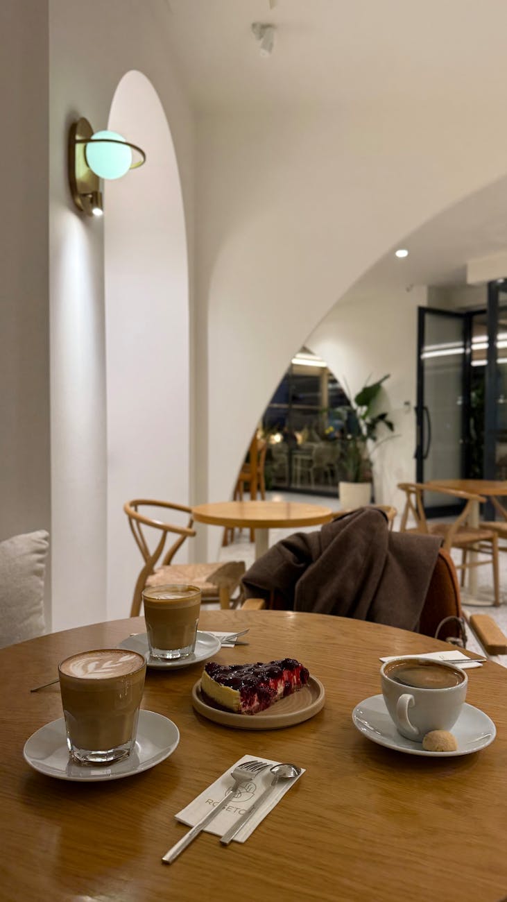 cozy cafe with drinks and dessert setup